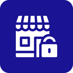 01 Store icon with padlock on blue background.
