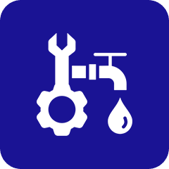 03 Wrench, faucet, and gear icon on blue.
