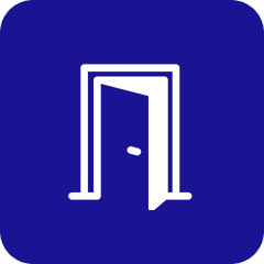 06 White open door icon on blue background.