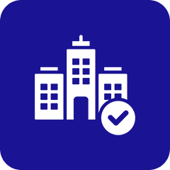 07 Buildings icon with check mark symbol.