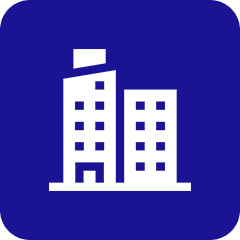 08 White buildings icon on blue background.