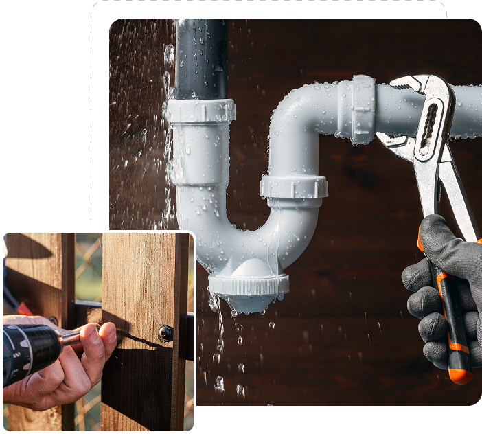 1 Plumbing repair and woodworking with tools.