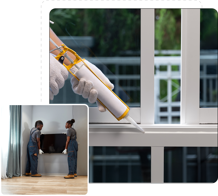 2 Sealing window and moving furniture indoors.