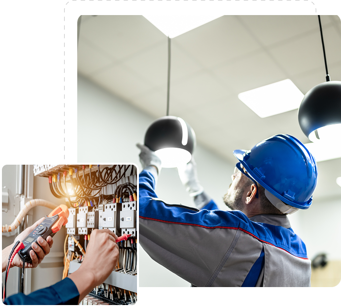 3 Electrician fixing light and checking wires.
