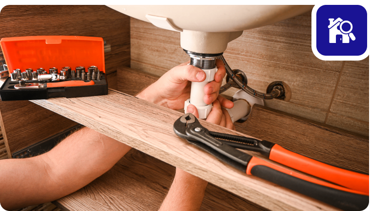 Group 1321315775 Plumber fixing sink with tools and wrench.